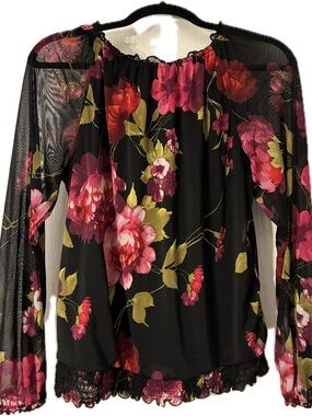 Enfocus Studio Black Off-Shoulder Blouse with Pink & Green Floral Print